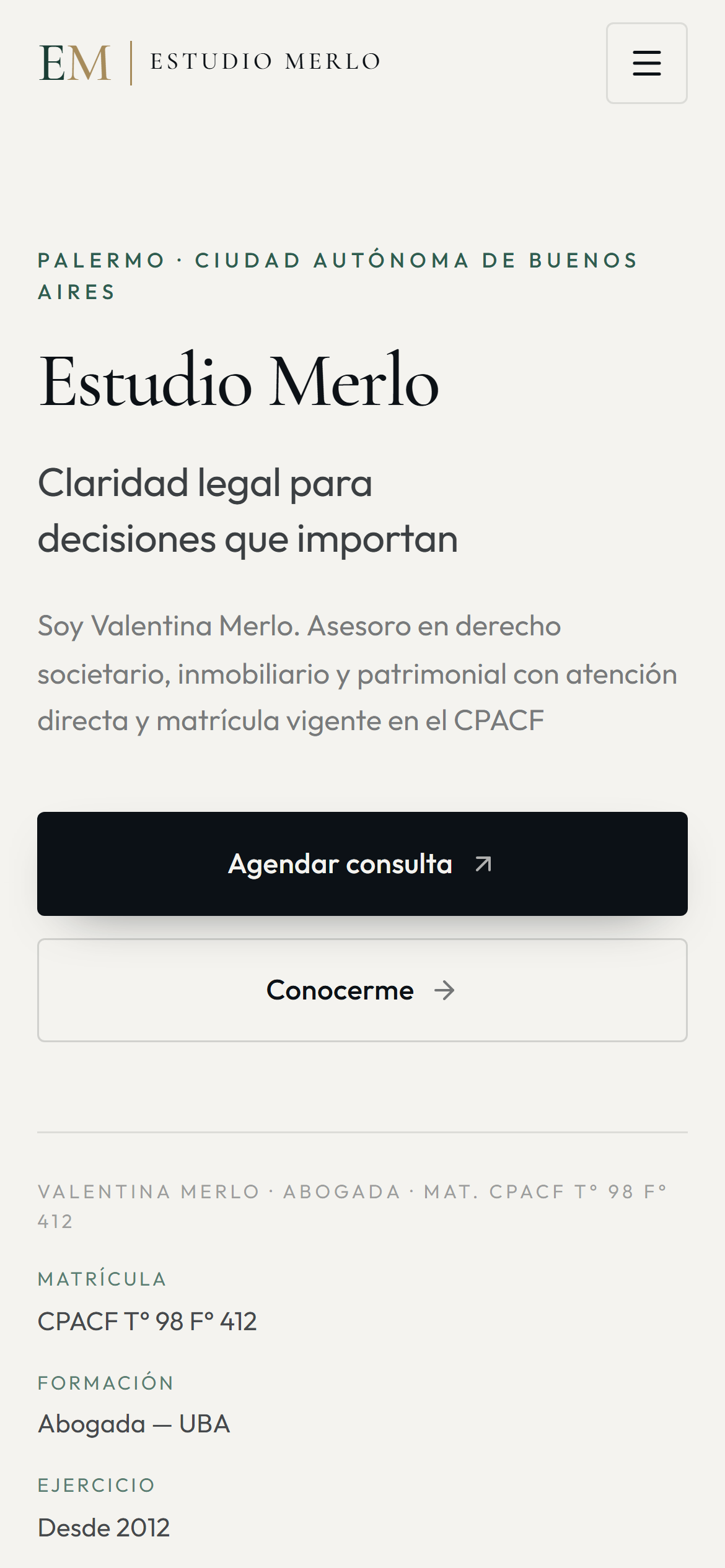 Sitio web de Estudio Merlo, derecho corporativo e inmobiliario en Buenos Aires en celular